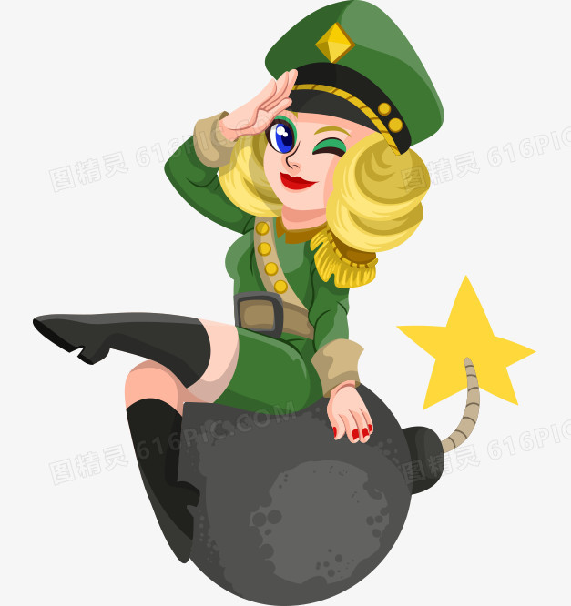 卡通手绘坐炸弹上美女军人