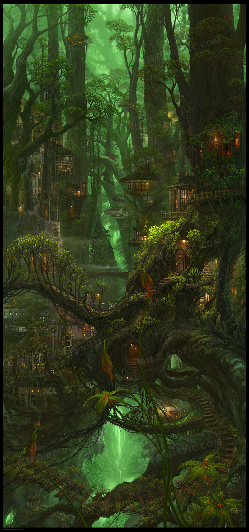 绿色神秘树林房屋