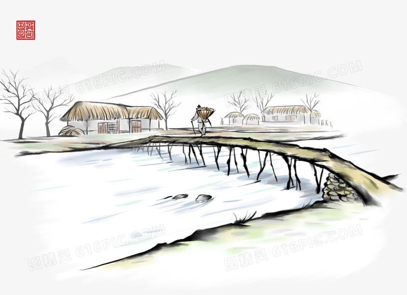 中国风手绘小桥流水素材