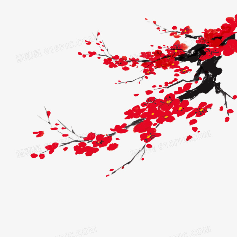手绘中国风红色梅花免抠素材