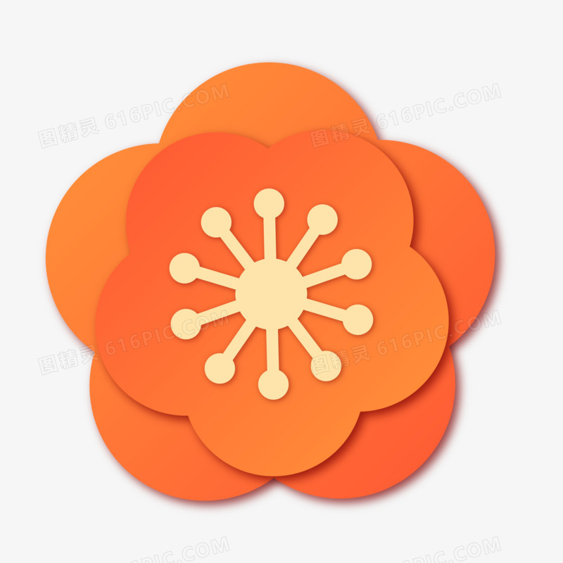 手绘橘色剪纸花朵免抠装饰素材