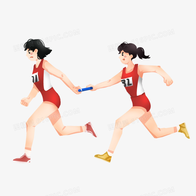 手绘卡通女子跑步接力赛元素