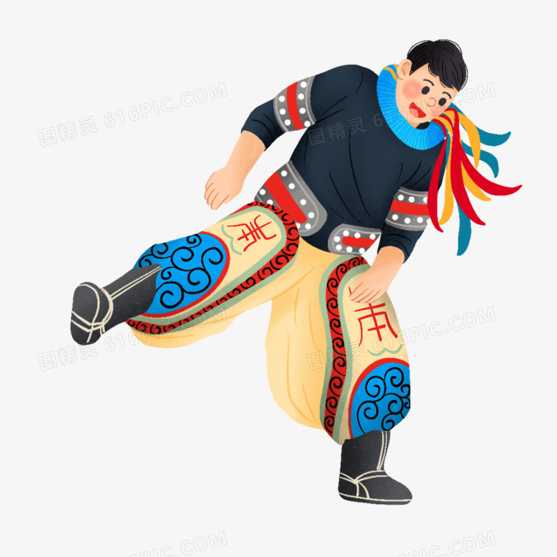 手绘插画风蒙古男子跳舞场景元素