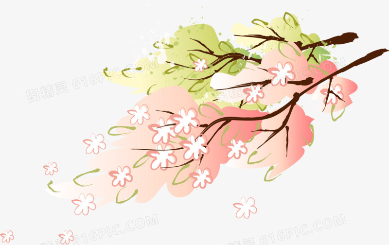粉色花树树枝手绘人物