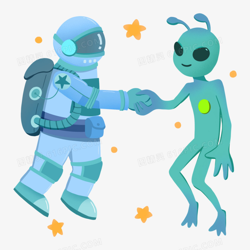 卡通手绘宇航员和外星人握手场景素材