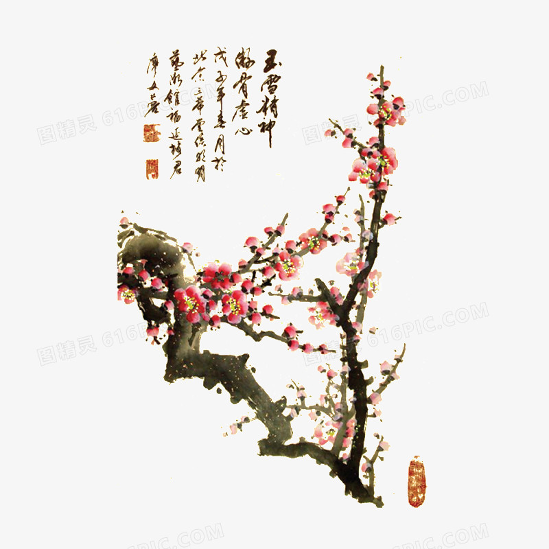 水墨桃花绿色树枝