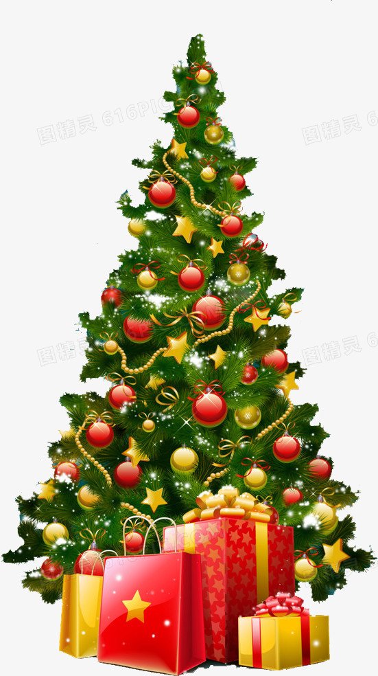 创意合成挂满彩球五角星的圣诞树