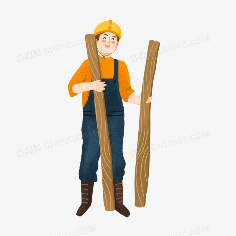 卡通手绘免抠扛木头的工人元素