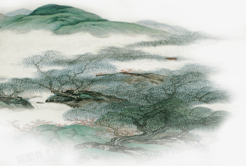 绿色中国风手绘山水风景