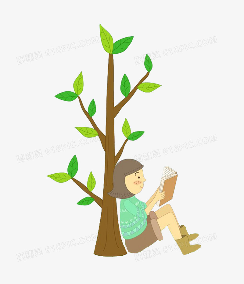 坐在树下读书的女孩