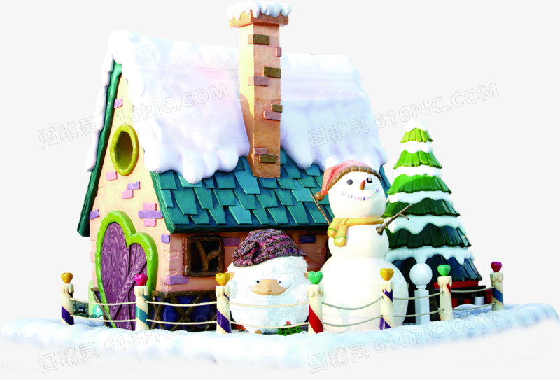 手绘可爱圣诞节房屋雪人