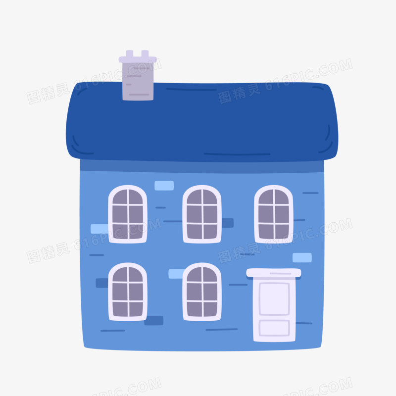 手绘卡通蓝色居民楼房屋素材