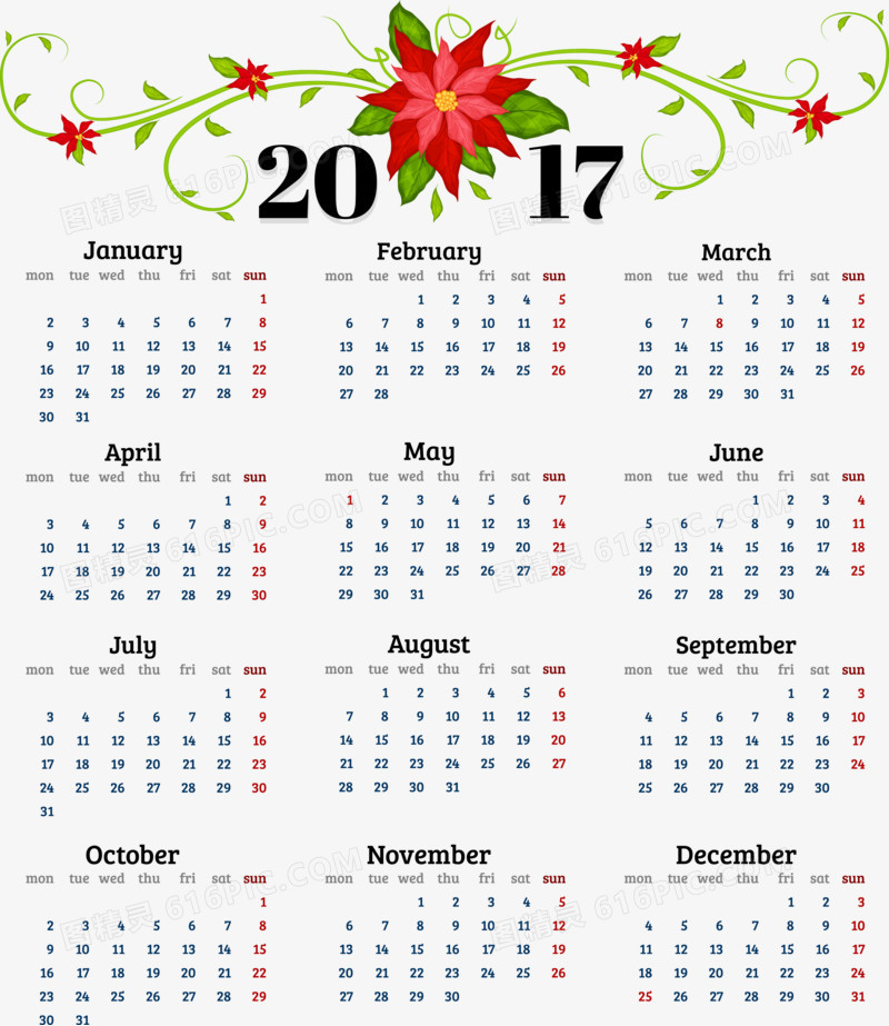 矢量2017花朵装饰日历