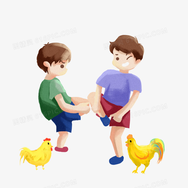 卡通手绘斗鸡的小男孩们场景素材