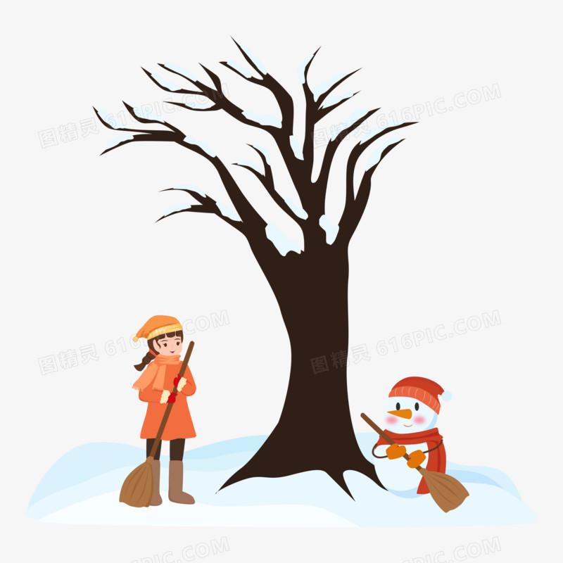 卡通手绘女孩在树林扫雪厂家素材