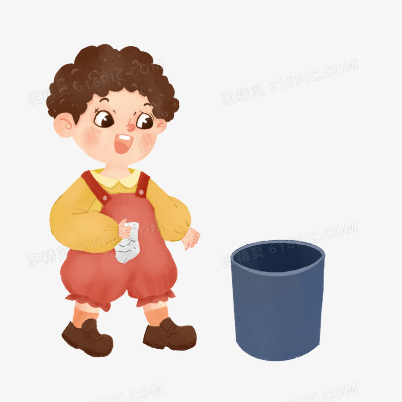 卡通手绘小男孩把垃圾扔到垃圾桶元素