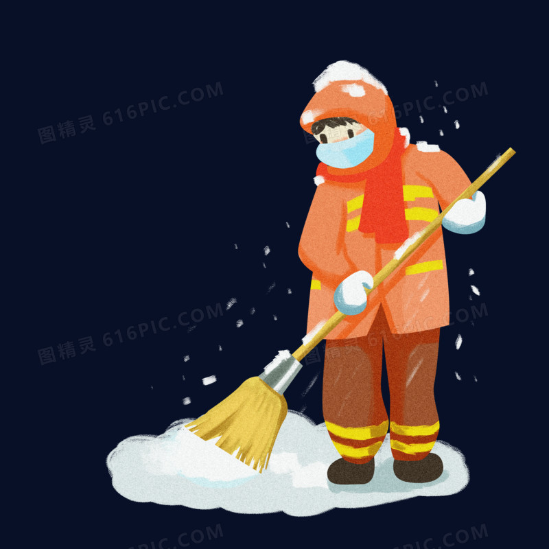 卡通手绘清洁工人扫雪扫地素材