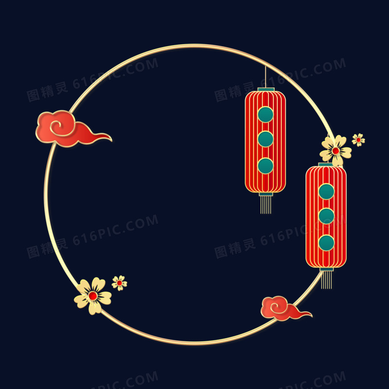 中国风中式红金浮雕灯笼圆框素材