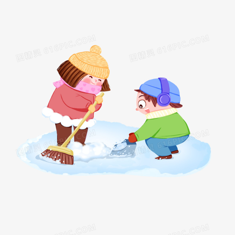 卡通手绘男孩女孩一起扫雪场景素材