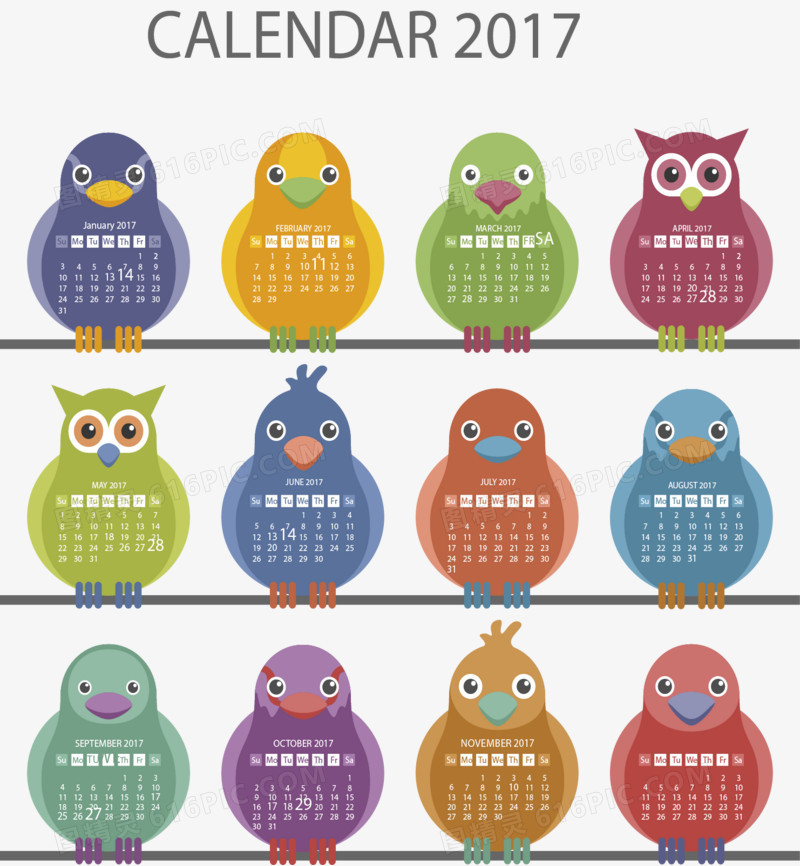 可爱彩色鸟儿2017年日历