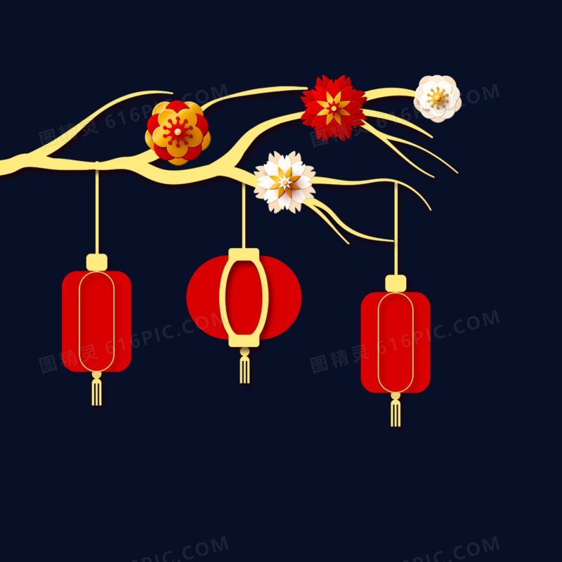 中式红金浮雕树枝灯笼素材素材