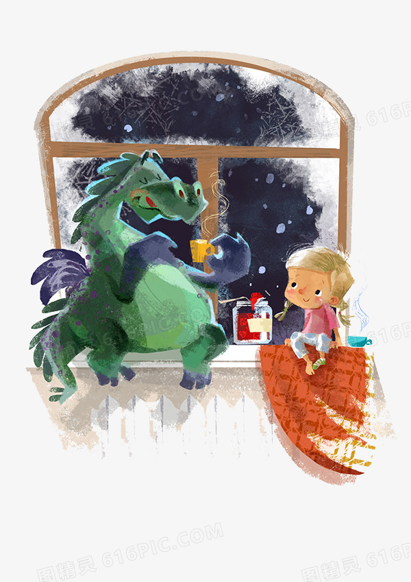 手绘女孩和火龙喝茶