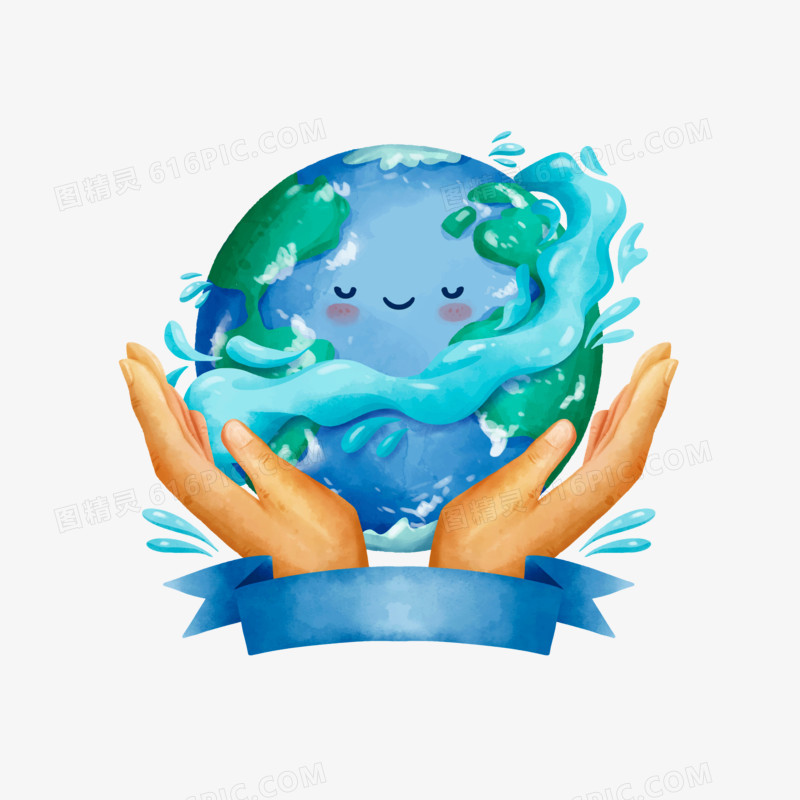 手绘插画风保护地球水资源免抠元素