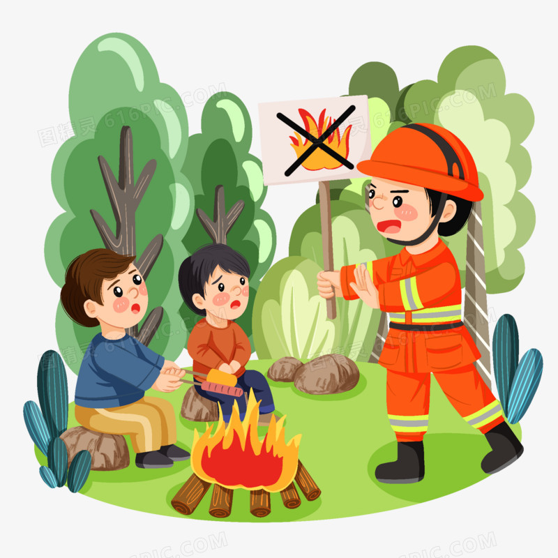 手绘插画风消防员给小朋友讲解森林防火科普场景免抠元素