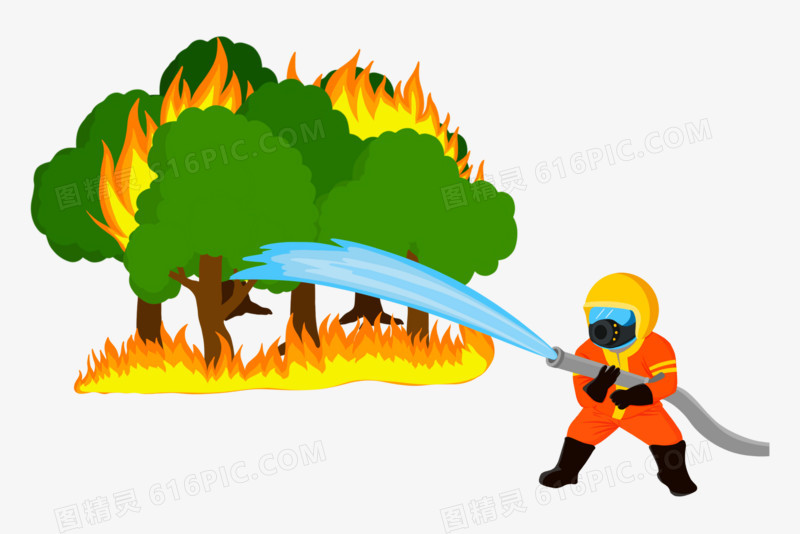 卡通手绘消防员灭森林大火场景免抠元素