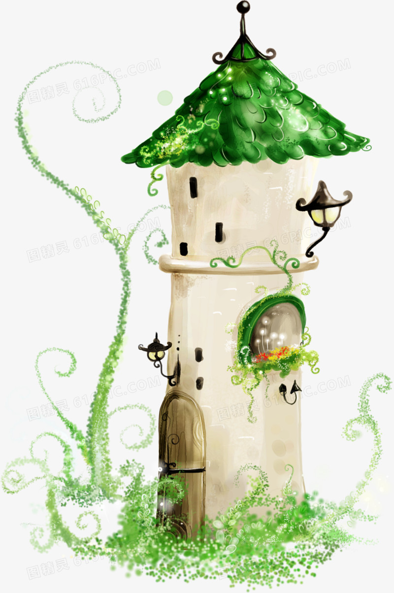 手绘绿色童话城堡展板