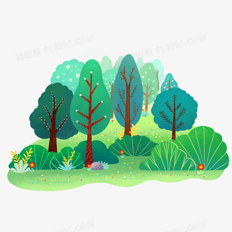 手绘插画风森林树木大自然景色素材