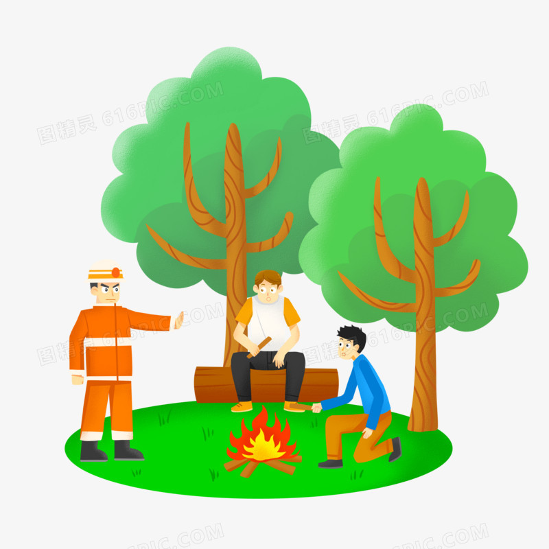 卡通手绘消防员禁止森林明火场景素材