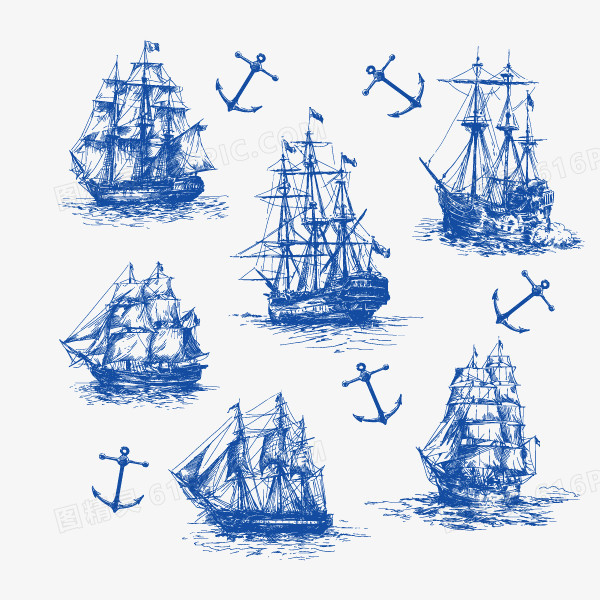 手绘 帆船 蓝色 海盗船