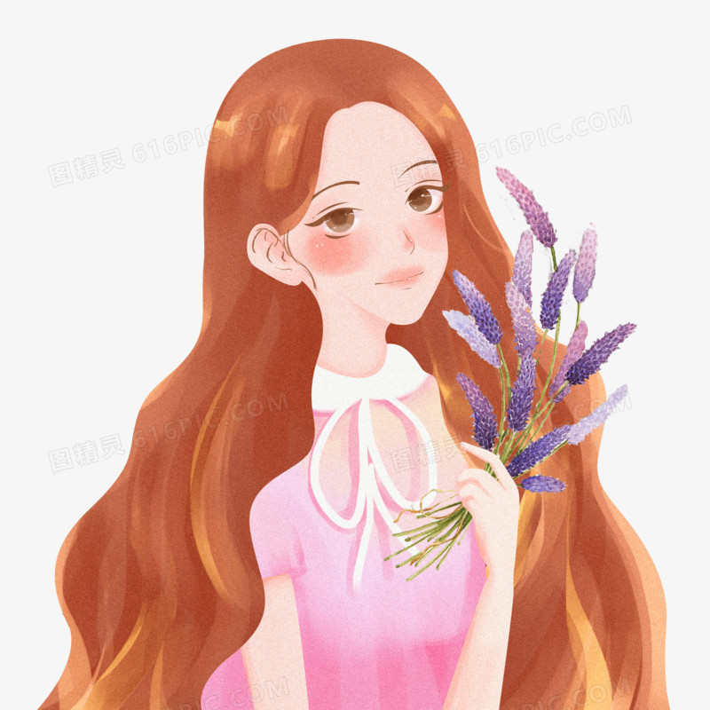 手绘插画风唯美女性手拿鲜花素材