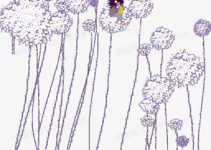 紫色蒲公英花朵和卡通人物