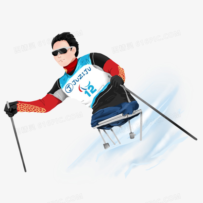 手绘插画冬残奥会滑雪比赛元素