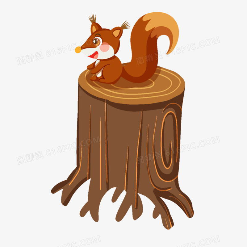 手绘插画风树桩上的松鼠元素