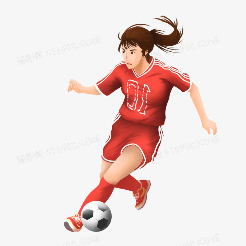 手绘插画风女子足球运动员踢球素材
