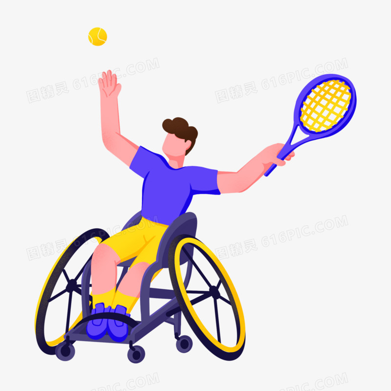 手绘黄紫色调轮椅网球运动元素