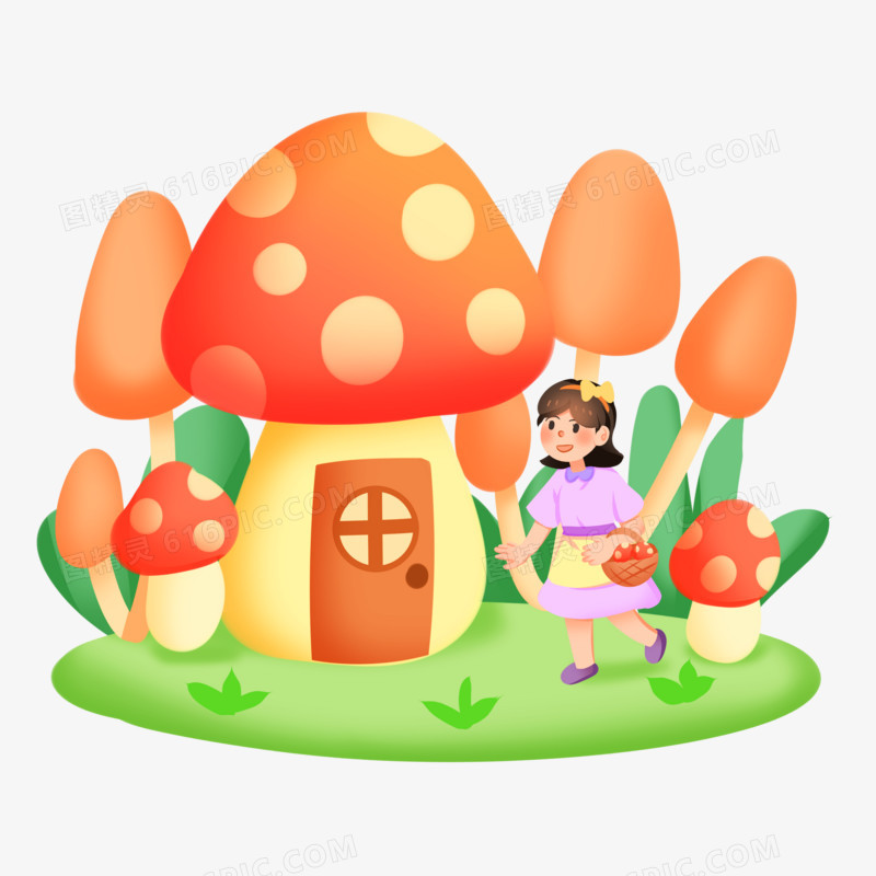 创意卡通女孩和蘑菇房子免抠素材