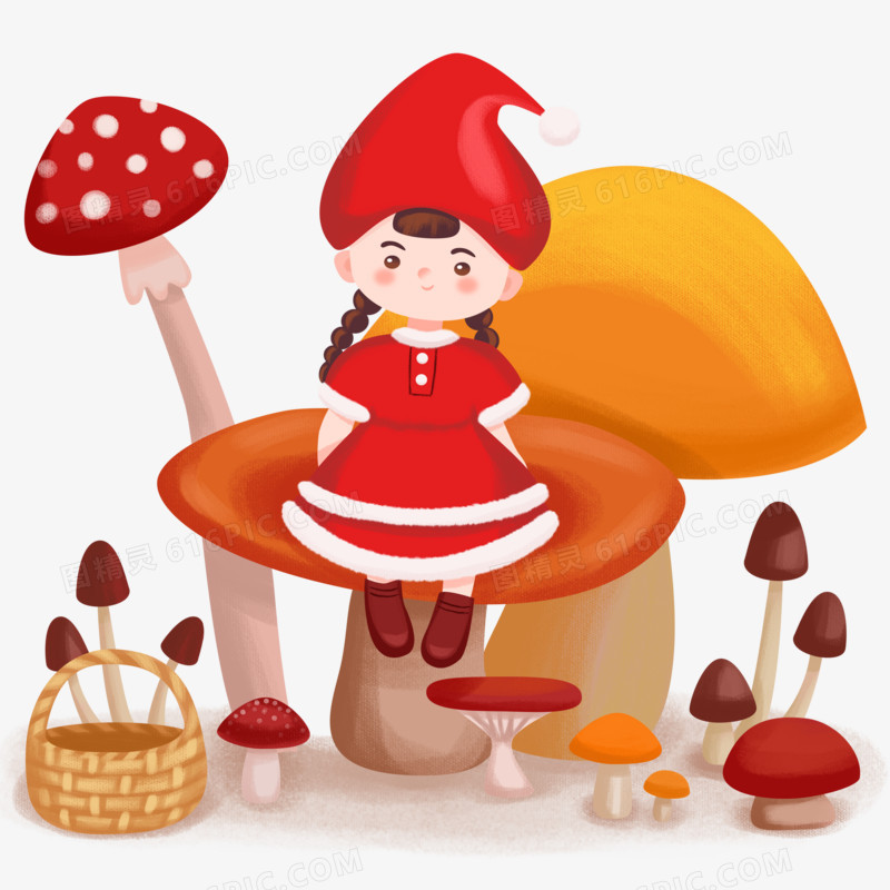 手绘插画风小孩子坐在蘑菇上免抠元素