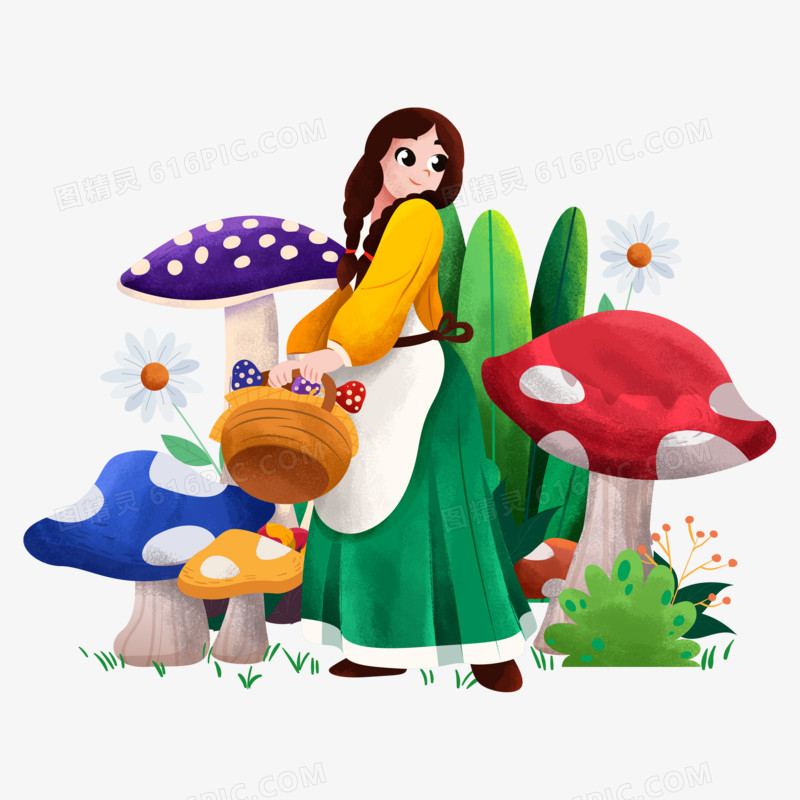 手绘卡通采蘑菇的小女孩免抠元素