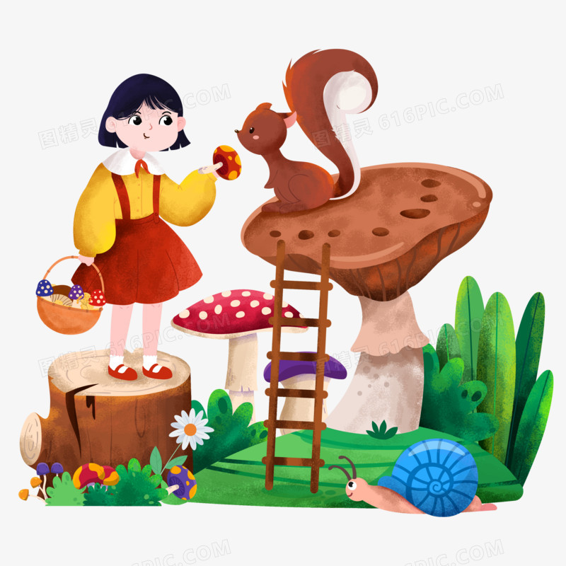手绘卡通小姑娘与松鼠在蘑菇园元素