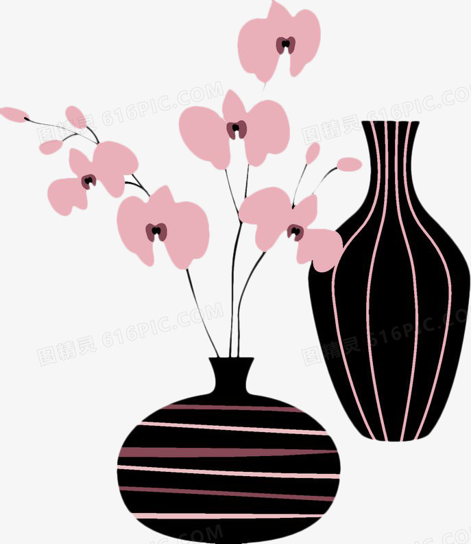手绘黑白条纹花瓶兰花
