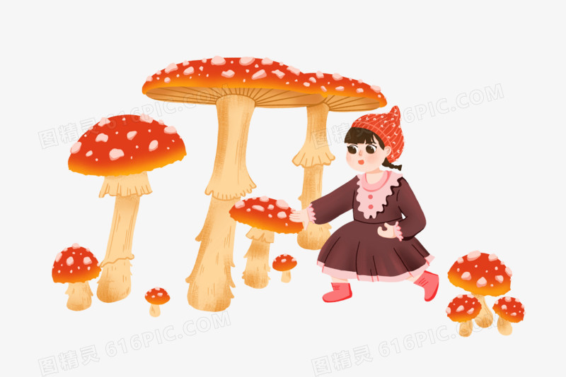 手绘插画风采蘑菇的女孩免抠元素