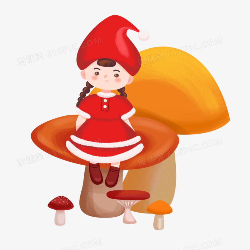 卡通手绘免抠采蘑菇的小姑娘免抠素材