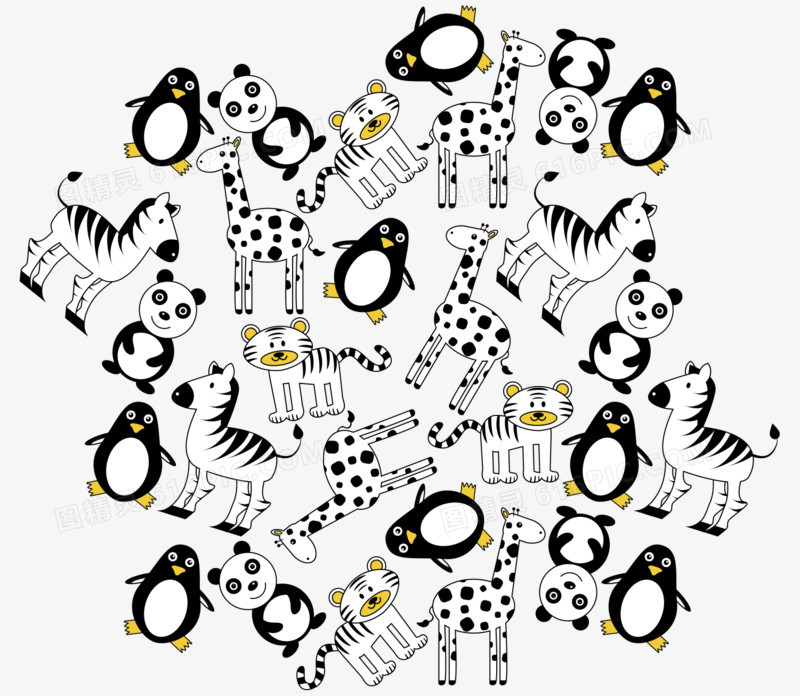 手绘卡通企鹅斑马老虎熊猫图案