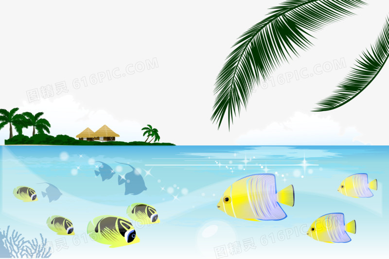 矢量卡通手绘海景鱼群椰树小岛