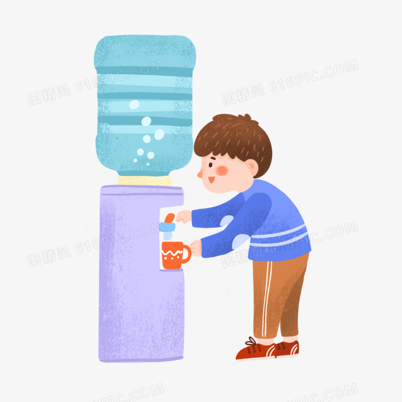 卡通手绘免抠男孩接水喝素材