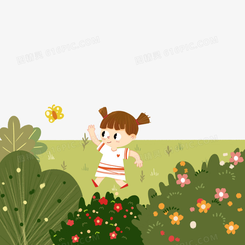 手绘插画风女孩在草坪上抓蝴蝶素材